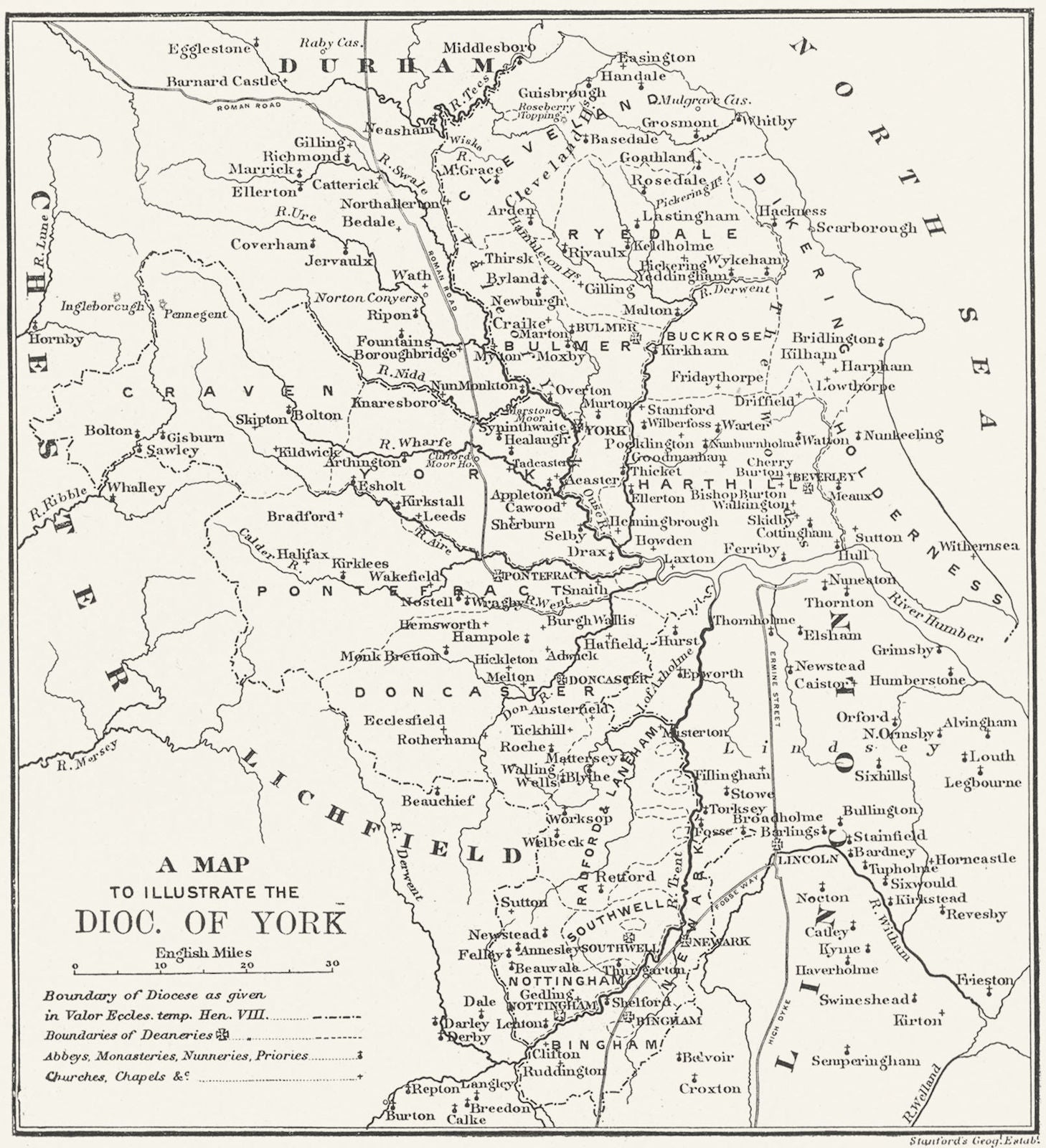 DIOCESE OF YORK.Deaneries Abbeys Churches Monasteries. YORKSHIRE 1897 old map